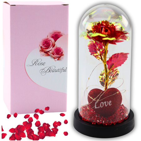 Eternal Rose in Dome with LED Lighting Heart Beads Red 21x11cm