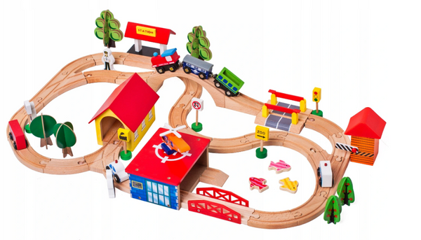 Wooden Train Track Cars Trees Buildings