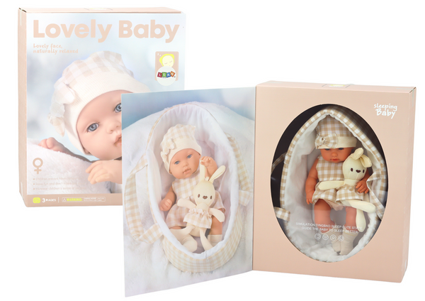 Babypuppe in einer Trage, ein Hase, im karierten Outfit, beige