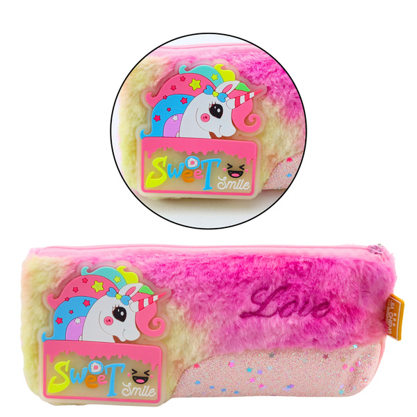 Plush Unicorn Pencil Case with Shiny Pink Unicorn Elements