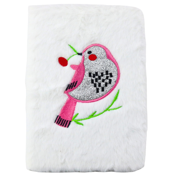 Plush Notebook Lined With Bird Silver Glitter White