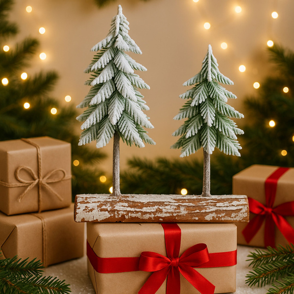 Christmas Tree Composition Decoration on a Trunk Covered with Snow 34 x 28 cm