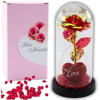 Eternal Rose in Dome with LED Lighting Heart Beads Red 21x11cm
