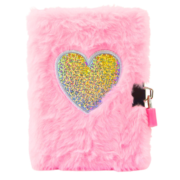 Plüsch-Tagebuch, Notizbuch mit Vorhängeschloss und 2 Schlüsseln, Herz, Rosa, A6, 80 Blatt