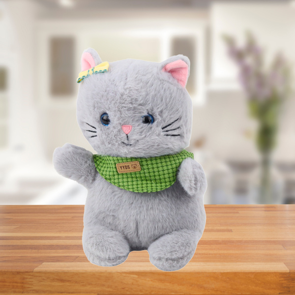 Plüsch Maskottchen Kuscheltier Katze Grau Grün Schal Schleife 22cm