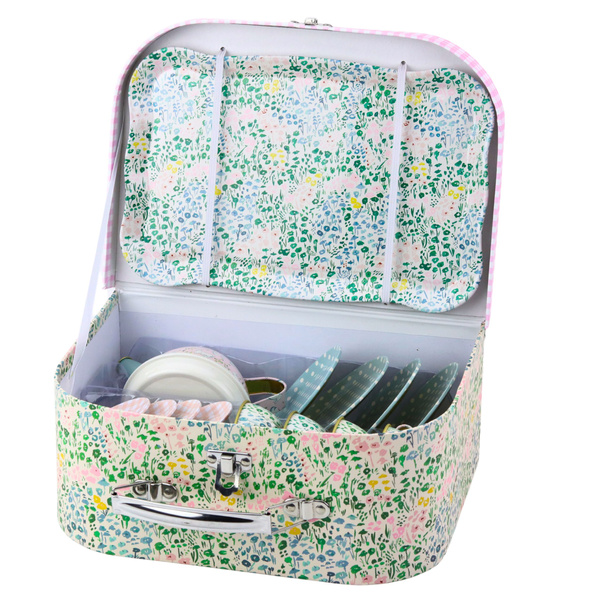 Tea Set in a Suitcase Pastel Metal Tableware 15 pcs