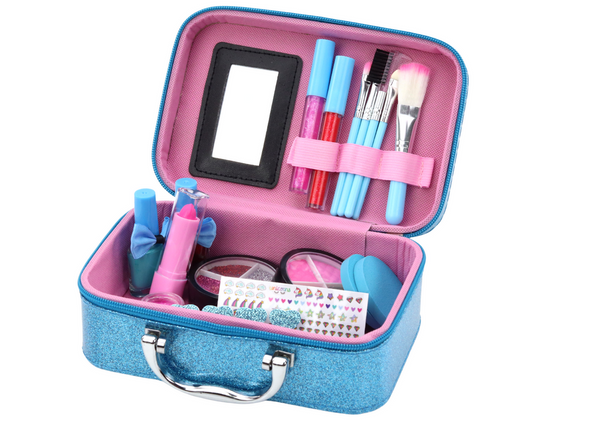 A set of cosmetics in a Crown Blue nail makeup case