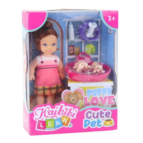 Mini-Puppenset mit zwei Welpen, Bett, Napf, Flasche