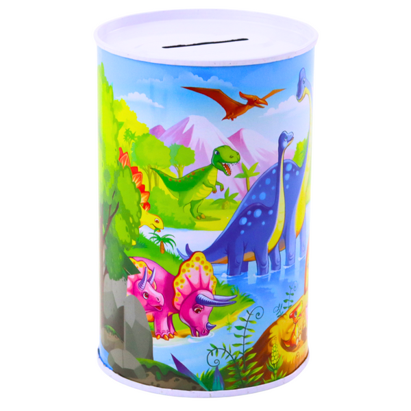 Sparschwein mit Dinosauriern, Metall, bunt, 13 x 8 cm