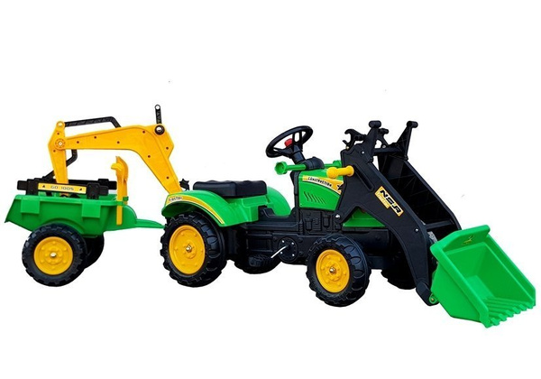 Tractor with a trailer and a bucket Benson excavator Green
