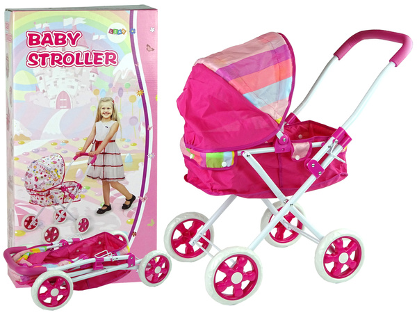 Rosa Kinderwagen für Puppen mit buntem Verdeck 66 cm
