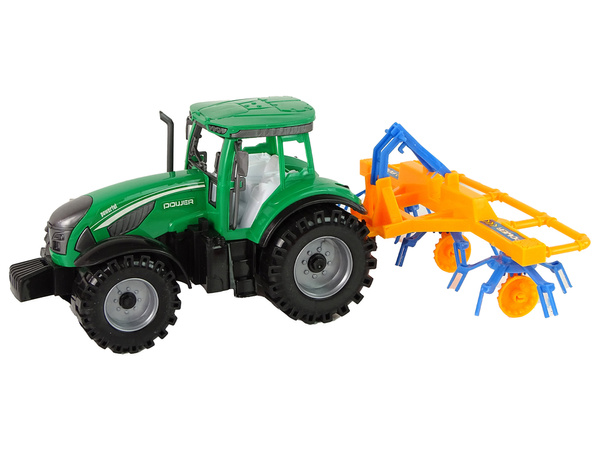 Grüner Traktor mit orangefarbener und blauer Harke Reibungsantrieb