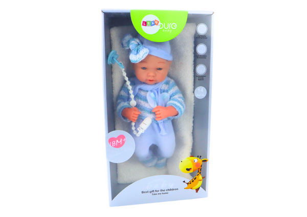 Baby doll, striped sweater, hat, blue scarf