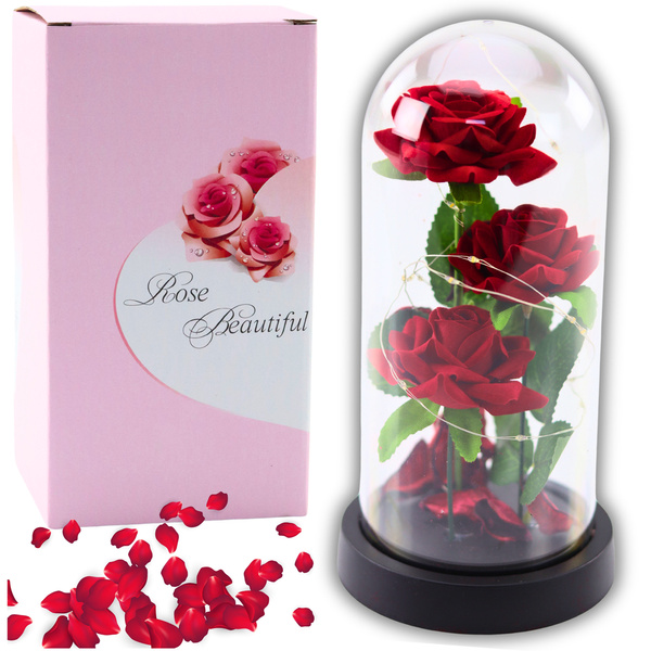 Eternal Roses in Dome with LED Lighting and Rose Petals Red 21x11cm