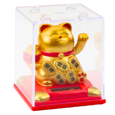 Chinese Lucky Cat In Display Case Solar Figurine Ornament