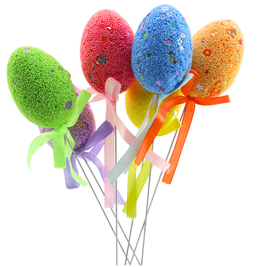 Easter Eggs on Wire Pick Colorful Leaves Ribbon Decoration 5pcs
