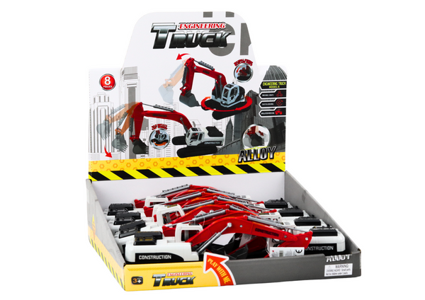 Raupenbagger, weißer und roter Metalleimer