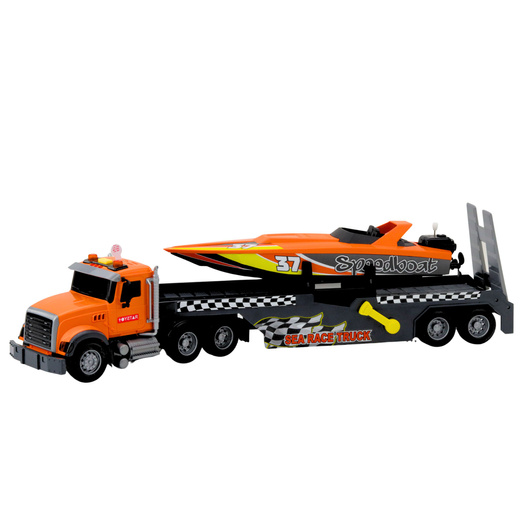 LKW mit Aufzieh-Motorboot, Lichter und Geräusche, Orange Set