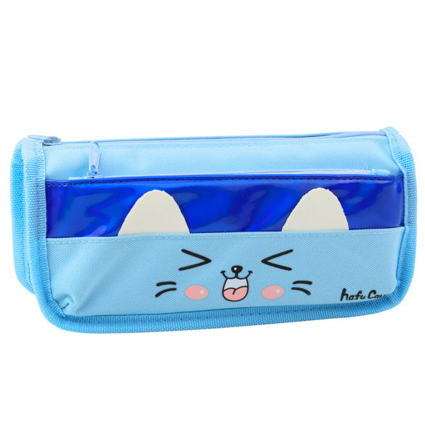 School Pencil Case Two Pockets Cat Motif Blue 22cm
