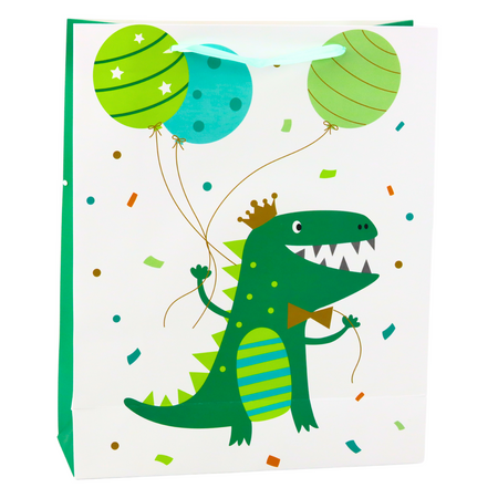 Dinosaurier Geschenktüte mit Luftballons Weiß Grün 32 x 26 x 10cm