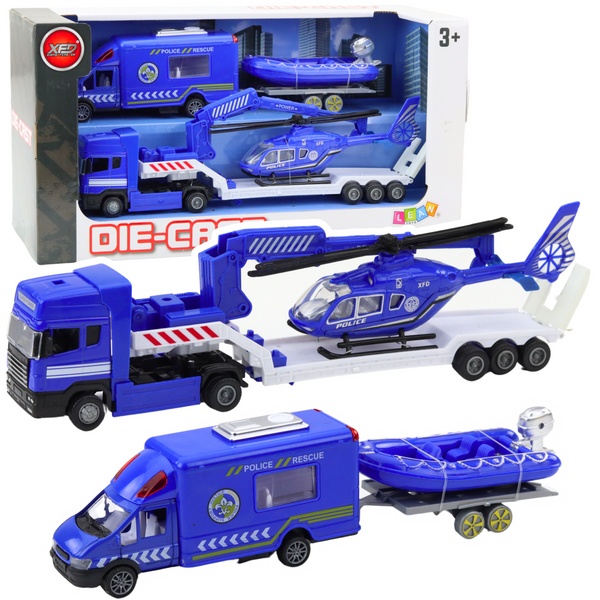 Police Rescue Car Boat Truck Helicopter Blue Set