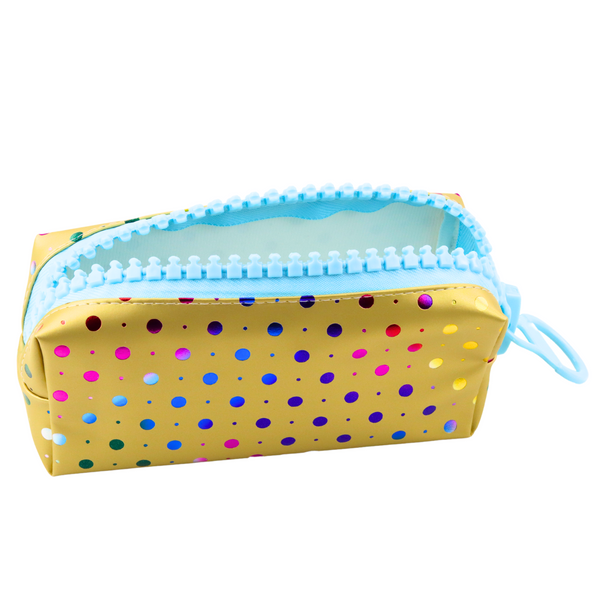 School Pencil Case Organizer Colorful Dots Large Zipper Gold 21x8cm