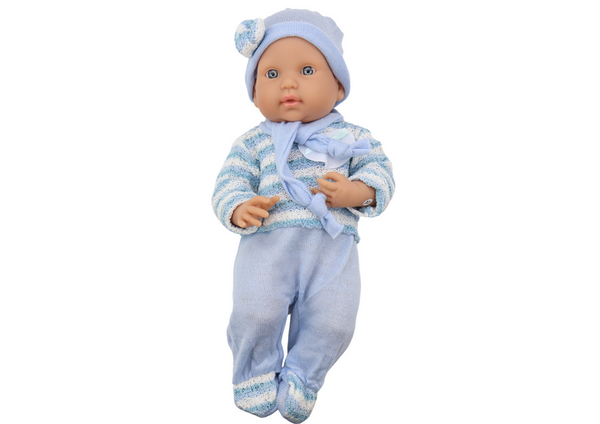 Baby doll, striped sweater, hat, blue scarf
