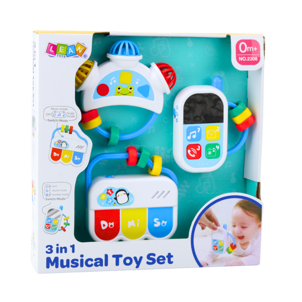 Set of musical toys for toddlers. Telephone, tambourine, keys, sounds, 3 pcs.