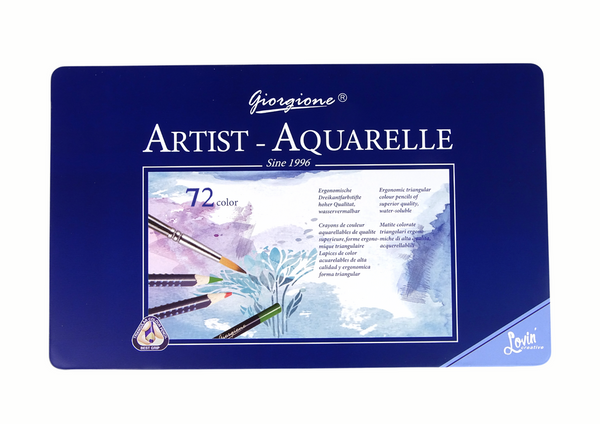 Set mit 72 Aquarellstiften, Metallbehälter