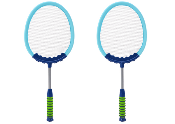 Set mit 2 Badmintonschlägern, blauen Badminton-Federbällen