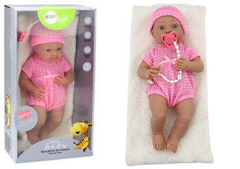 Babypuppe in rosa Kleidung, Mütze, Schnuller und Decke