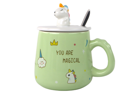 Green Unicorn Ceramic Mug, Lid, Spoon, 350 ml
