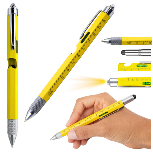 8-in-1 Multifunktionsstift mit Wasserwaage, LED-Taschenlampe und Schraubendreher (gelb)