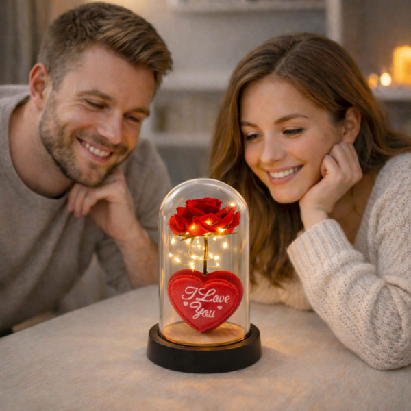Eternal Rose in Dome with LED Lighting Red with Heart 18.5x8cm