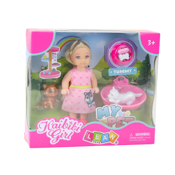 Mini Doll Set with Dog and Kitten Bed and Food Bowl