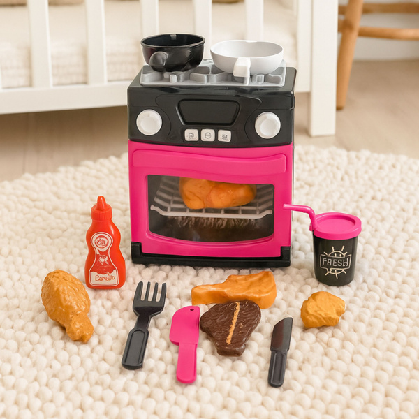Spielküche mit Backofen, Lebensmitteln, Lichtern, Geräuschen, Rosa