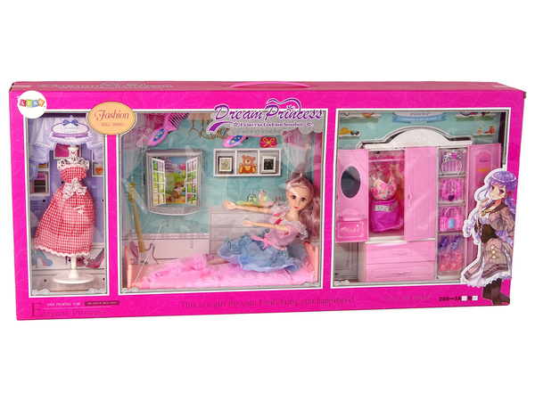 Puppe mit Garderobe Kleiderschrank Zimmermöbel Kleiderschrank Bett Zubehör