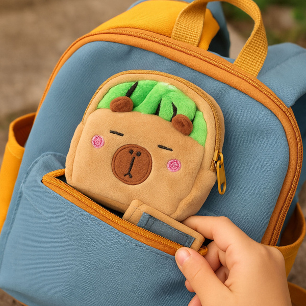 Plüschgeldbörse mit Schlüsselanhänger, Capybara, Wassermelonengrün, 9,5 x 8 cm