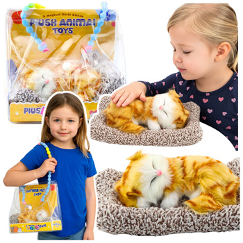 Sleeping Ginger Cat on a Pillow Figurine with Fur Bag Sounds