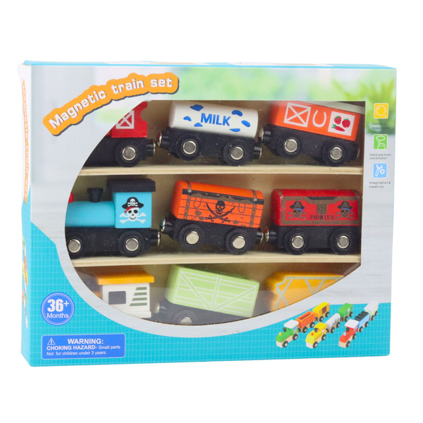 Set of Wooden Trains, Carriages, Magnet Organizer, 9 pcs