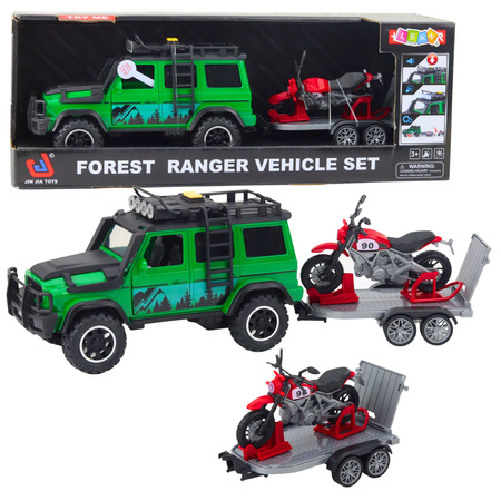 Off-road Vehicle Set with Tow Truck and Motorcycle Lights and Sounds Green