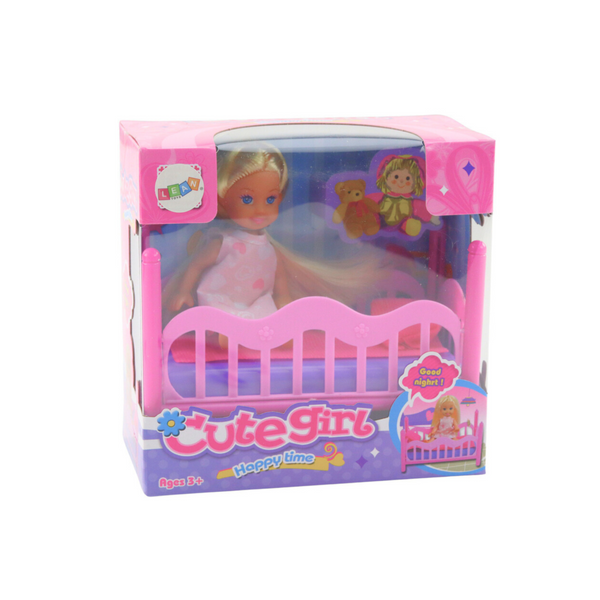 Mini Doll in Pajamas Set Pink Bed