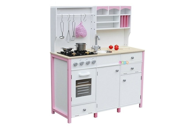 Wooden Kitchen for Kids Pink and White Paula Opening Elements