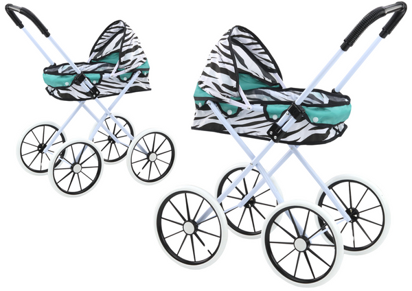 Doll Stroller Large Wheels Foldable Zebra Turquoise