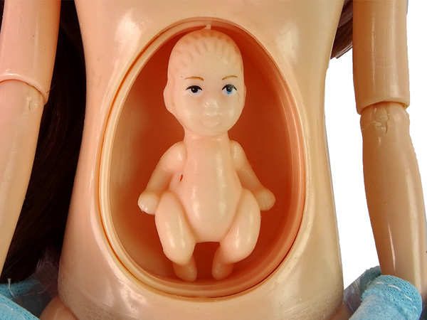 Schwangere Babypuppe mit offenem Bauch, blauem Kleid, 30 cm