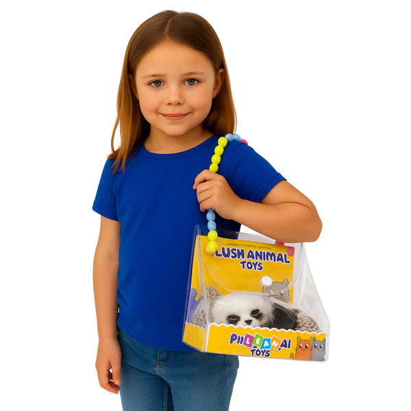 Schlafender Panda auf einem Kissen, Figur mit Fell und transparentem Beutel