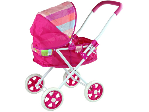 Rosa Kinderwagen für Puppen mit buntem Verdeck 66 cm