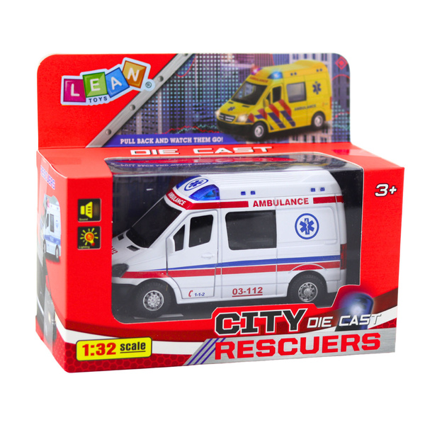 Ambulance Metal Pull Back Motorized Lights Sounds White 1:32