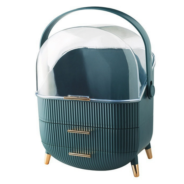 Kosmetik Organizer mit Öffnungsdeckel, transparent, zwei Schubladen, grün