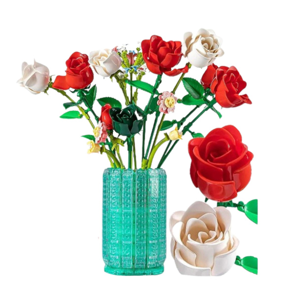 Construction Blocks Bouquet of Roses in a Vase White Red 1022 pcs.